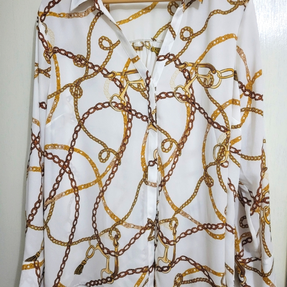 Worthington (J.C. Penney) Women's Blouse, White w/Gold Chain Pattern, Size XXL
